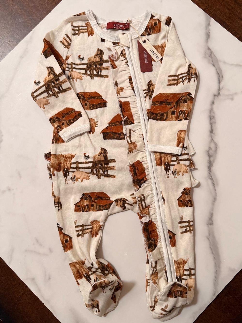 Milkbarn NWT Organic Baby Onesie Horses Cream Brown Farm Print Footed One-Piece